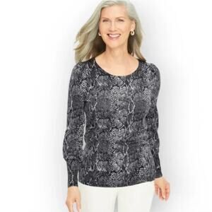 Talbots Puff Sleeve Merino Pullover Sweater Python snake Print Grey plus 2XP new